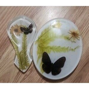 Vintage Lucite Acrylic Spoon Rest W/ trivet set Butterflies wildflowers MCM boho